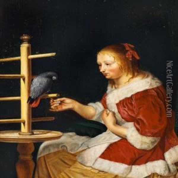 A Young Girl In A Red Jacket Feeding A Parrot Oil Painting - Frans Ii Van Mieris