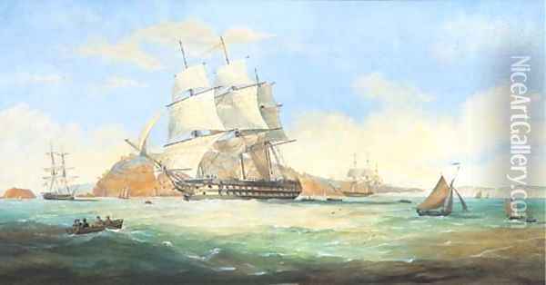 A two-decker running down Plymouth Sound with Mt. Edgcumbe beyond Oil Painting - Nicholas Condy