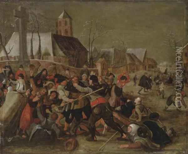 I A Winter Landscape With Villagers In A Brawl Oil Painting - Marten Van Cleve
