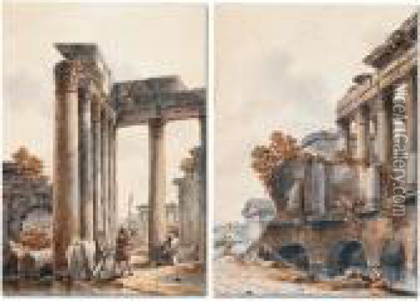A Pair Of Views Of Roman Ruins Oil Painting - Victor-Jean Nicolle