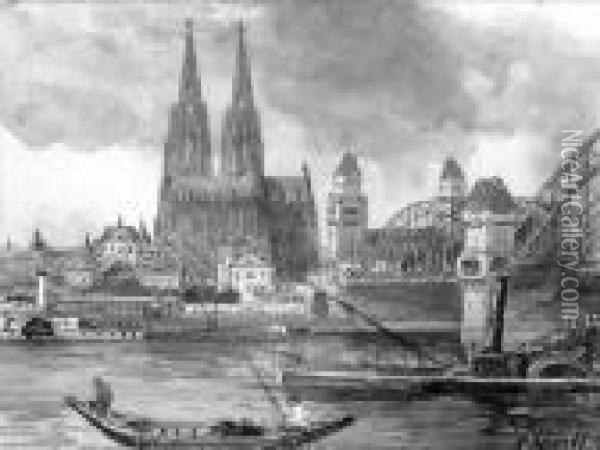 Kolner Rheinuferansicht Mit Dom 
Und Hohenzollernbrucke. Auf Dem Rhein Dampfschiffe Und Kahne Oil Painting - Carl Rudell