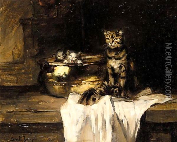 Mother And Kittens In A Pot Oil Painting - Claude Joseph Bail