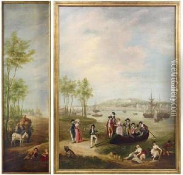 Promeneurs Devant Le Port De Bayonne La Charrette De Foin Oil Painting - A. A. Simons