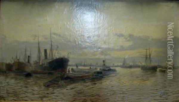 Ships At Dusk Oil Painting - Edwin Fletcher