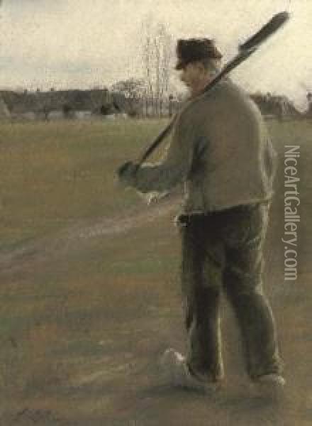 En Bondemand Paa Vej Hjem Over Marken (a Farmer On His Way Home Across The Field) Oil Painting - Laurits Andersen Ring