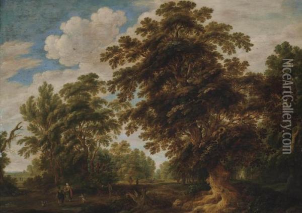 A Wooded Landscape With Travellers On A Track Oil Painting - Alexander Keirincx