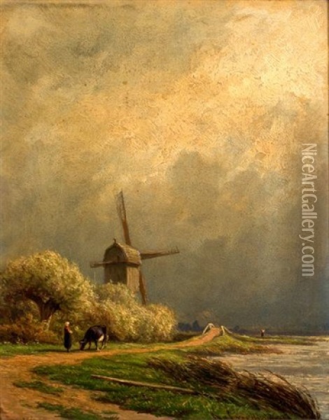 Landschap Met Koeherderin Bij Een Molen Oil Painting - Adrianus van Everdingen