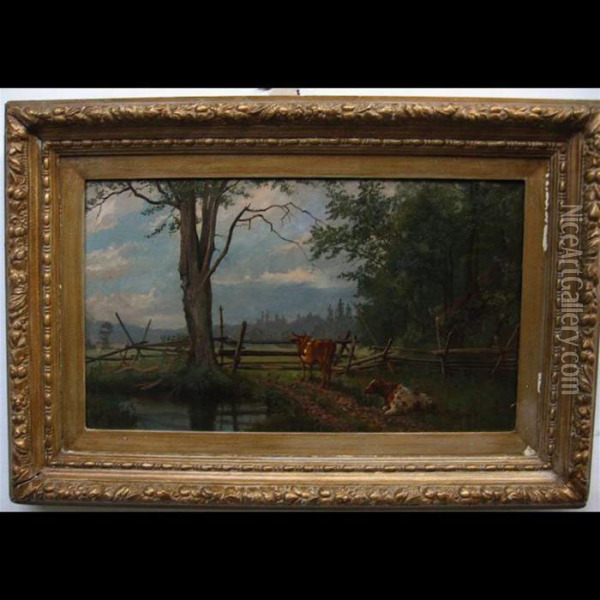 Cattle By Woodland Pool And Old Rail Fence Oil Painting - Thomas Mower Martin