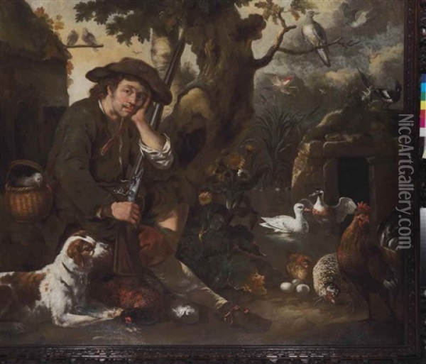 A Huntsman Resting By A Tree With A Hound, Chickens And Other Birds Oil Painting - Bernhard Keil