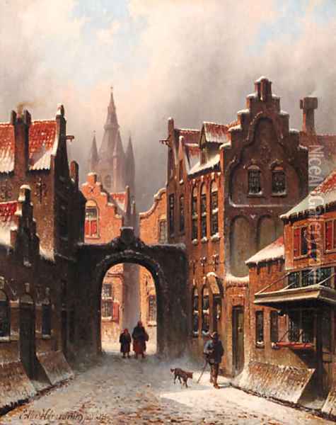 A snow-covered street in Delft, with the church spire of the Oude Jan in the background Oil Painting - Eduard Alexander Hilverdink