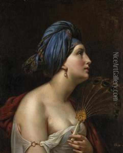 Femme Au Turban Et A L'eventail En Plumes De Paon Oil Painting - Etienne Raffort