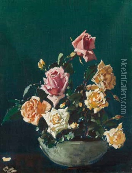 Still Life With Roses Oil Painting - Robert Gwelo Goodman