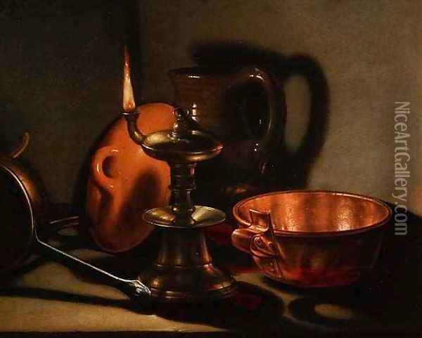 A Still Life with an oil lamp Oil Painting - Cornelis Jacobsz Delff