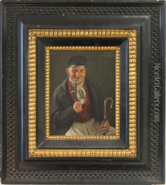 Male Portrait With Pipe And Cane Oil Painting - Richard Nitsch
