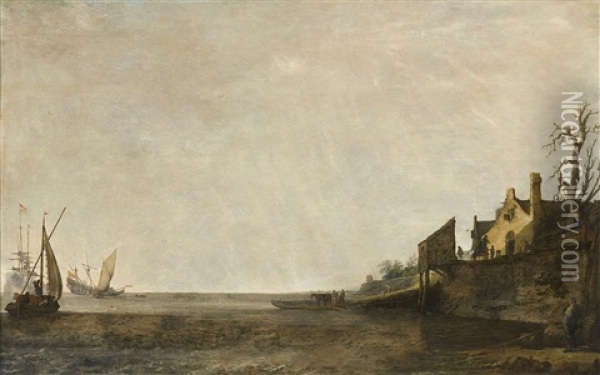 Ships At Anchor By A Dyke Oil Painting - Simon De Vlieger
