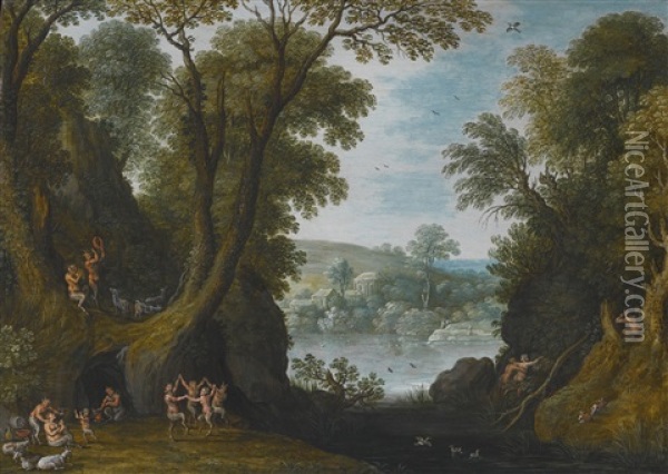 Forest Landscape With Fauns Making Merry At A Lakes Edge Oil Painting - Marten Ryckaert