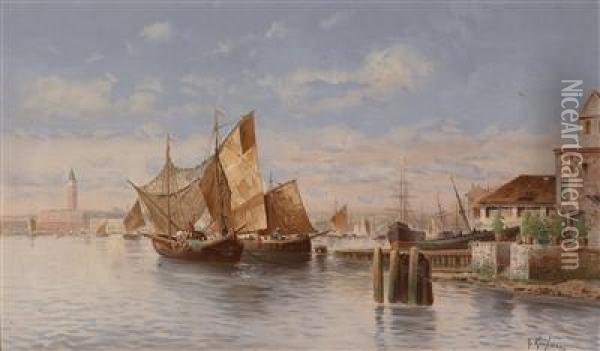 Fishingboats By The Riva Degli Schiavoni Oil Painting - Adolf Kaufmann