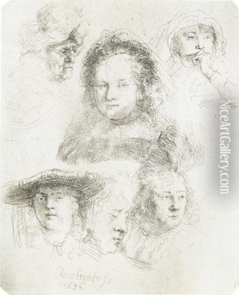 Sheet Of Studies: Head Of Saskia And Others. Oil Painting - Rembrandt Van Rijn