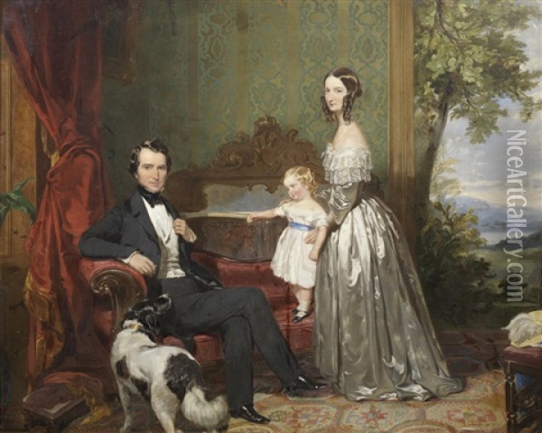 Portrait Of John Mcarthur (1805-1864) Of Inistrynich, Argyllshire, With His Wife Susan And Their Son John, A View Of The Clyde Beyond Oil Painting - John Watson Gordon