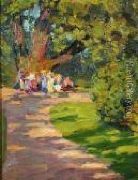 Women And Children In Central Park Oil Painting - Harriette Bowdoin