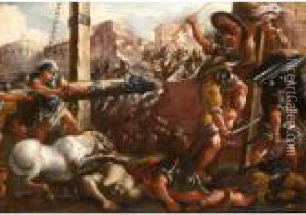 A Battlescene With A Town Wall Being Beaten Down With A Battering Ram Oil Painting - Luca Giordano
