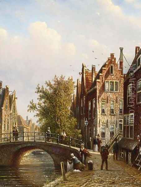 Dutch Town with Figures on a Canal Oil Painting - Johannes Franciscus Spohler