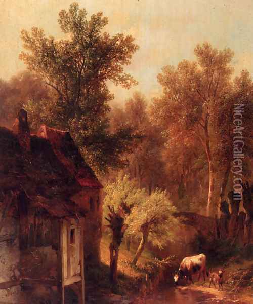 A Wooded Landscape With Cattle And A Cottage Along A Brook Oil Painting - Pieter Lodewijk Kuhnen