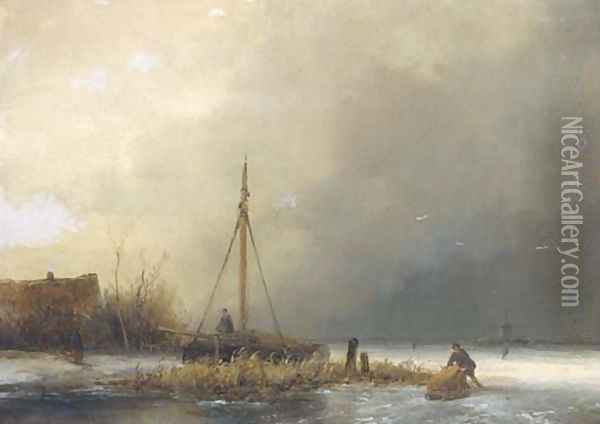 A frozen river landscape Oil Painting - Johannes Franciscus Hoppenbrouwers