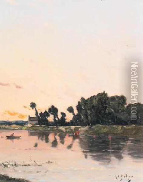 A Lake Landscape At Sunset Oil Painting - Hippolyte Camille Delpy