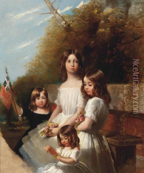 Group Portrait Of Four Children In A Landscape, Holding Flowers And A Flag Oil Painting - Henry Barraud