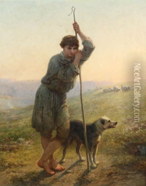 Jeune Berger Avec Chien Et Moutons Sur Un Cliff En Angleterre Au Coucher De Soleil Oil Painting - Alfred Feyen Perrin