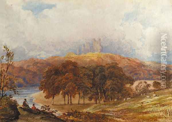 A view of Penrhyn Castle, Wales, with figures in the foreground Oil Painting - Anthony Vandyke Copley Fielding