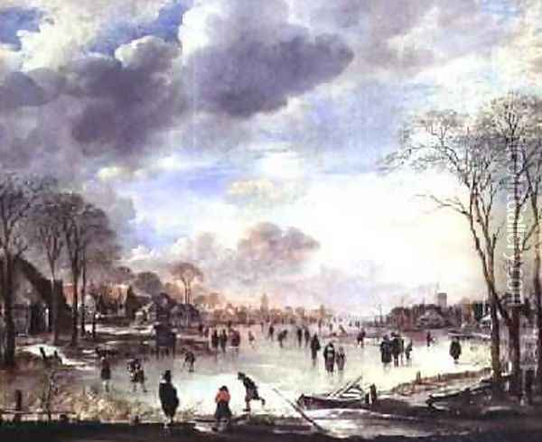 Winter Landscape with Figures on a Frozen Canal Oil Painting - Aert van der Neer