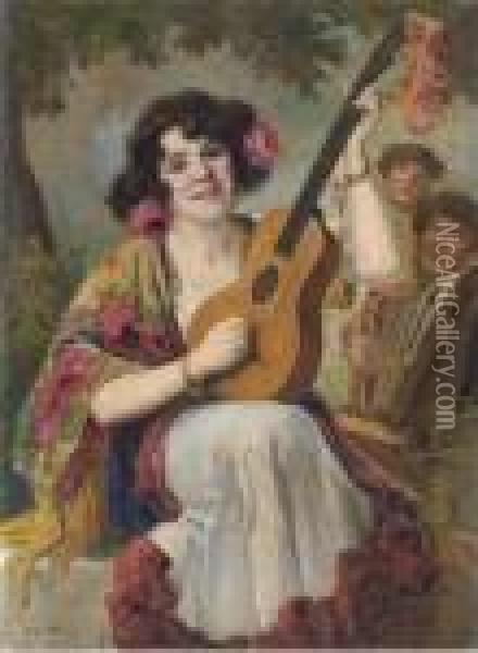 A Young Beauty Playing The Guitar Oil Painting - Richard Geiger