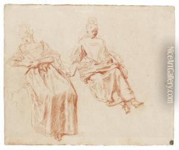 Two Studies Of A Seated Woman Oil Painting - Watteau, Jean Antoine