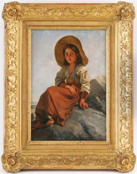Jeune Paysanne Assise Sur Les Rochers Oil Painting - Jean-Leonard Lugardon