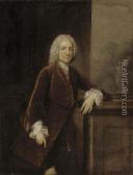 Portrait Of Thomas 
Pelham-holles, 1st Duke Of Newcastle (1693-1768), Standing, 
Three-quarter-length, In A Brown Velvet Coat, Leaning On A Plinth, A 
Garden With A Classical Statue Beyond Oil Painting - Francis Hayman