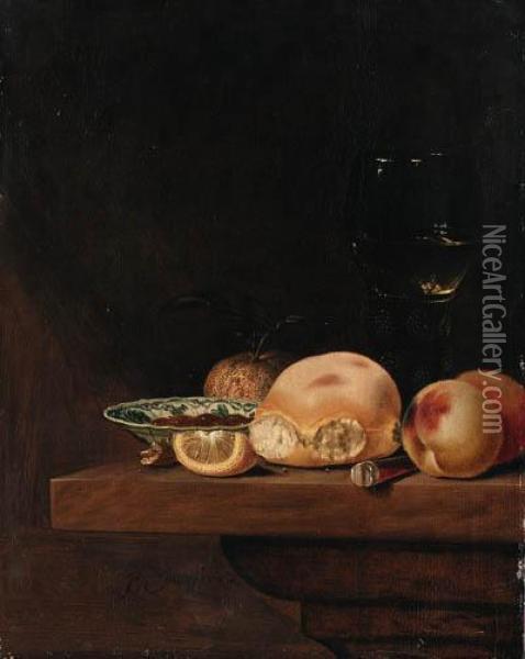 A Bread Roll, Peaches, An Orange, A Lemon Segment, A Porcelain Dishwith Nuts, A Knife And A Roemer On A Shelf Oil Painting - Pieter Janssens Elinga