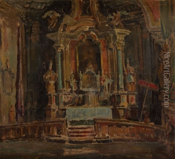 Church Interior In Rabka Oil Painting - Tadeusz Cybulski