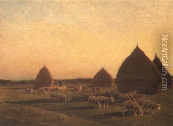 Sheep Grazing Near Haystacks Oil Painting - Jean Ferdinand Chaigneau