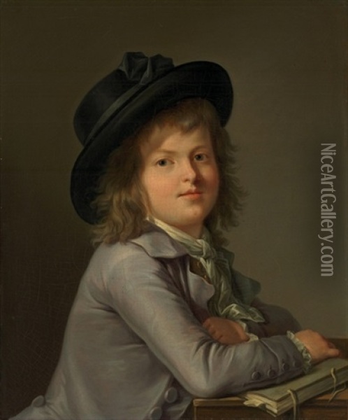 Portrait Of A Boy, In A Black Hat, Leaning On A Portfolio Oil Painting - Marie-Victoire Lemoine