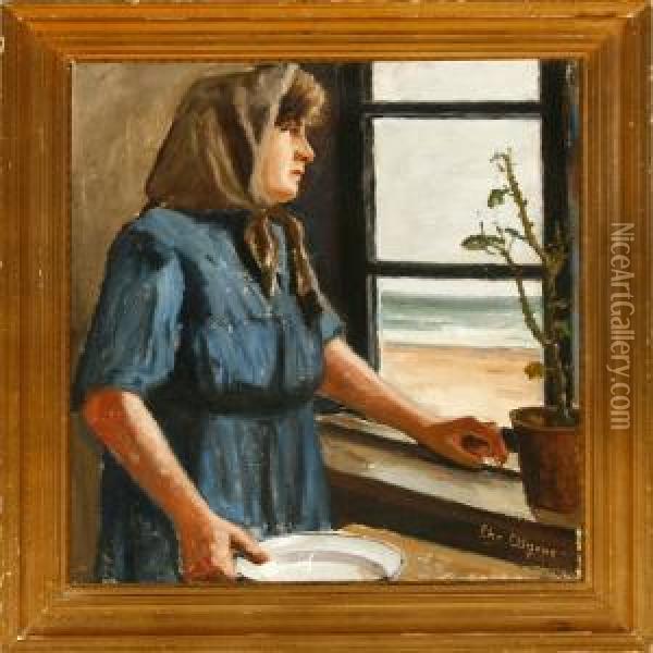 An Interior With Afisherman's Wife Looking Out Of The Window Oil Painting - Christian Aigens