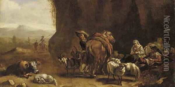 Drovers resting in a grotto Oil Painting - Pieter Jacobsz Van Laer