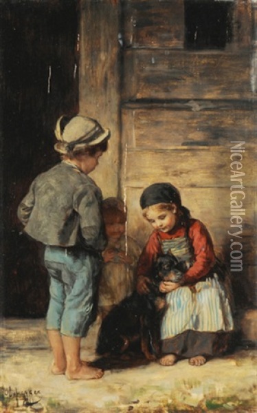 Kinder Mit Hund Spielend Oil Painting - Franz Von Defregger