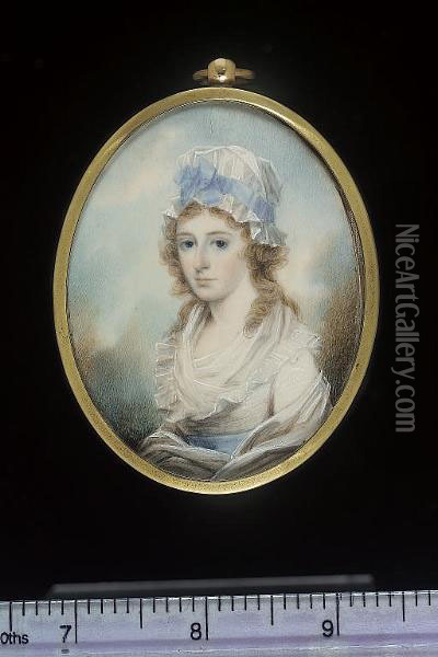 A Lady, Wearing White Dress With Fichu And Blue Waistband, White Shawl And White Mob Cap With Blue Ribbon Decoration Oil Painting - George Place