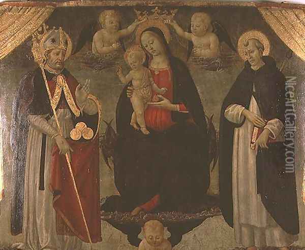 Madonna flanked by St. Nicholas and St. Peter Martyr Oil Painting - Jacopo Del Sellaio