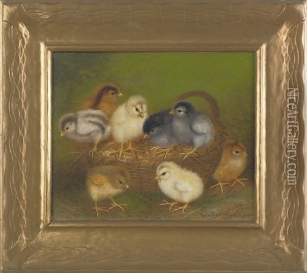 Eight Chicks And A Basket Oil Painting - Ben Austrian