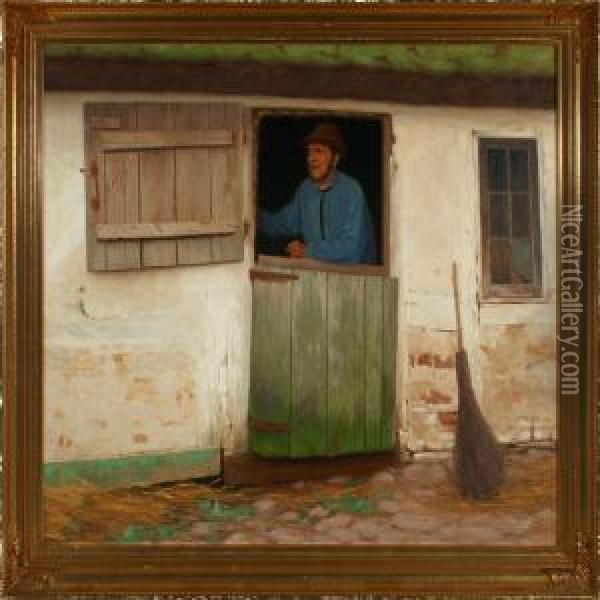 A Farmer Standing In The Stable Door Oil Painting - Anders Christian Terslose