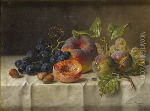 Still Life With Peaches And Grapes On A Table Oil Painting - Emilie Preyer