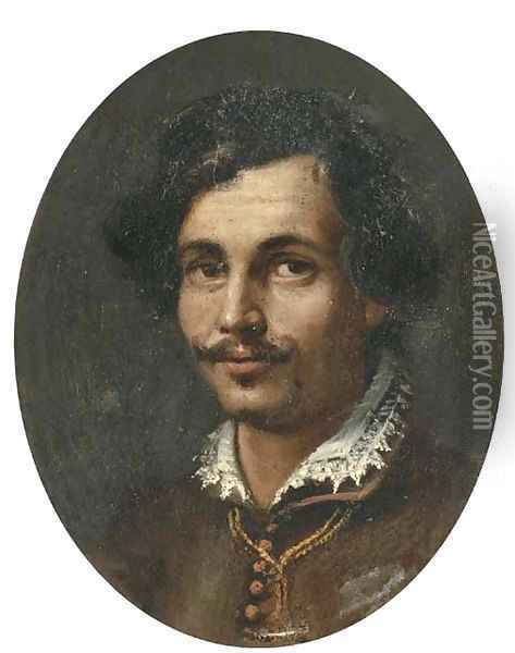 Portrait of a gentleman, bust-length, in a brown jacket and white collar Oil Painting - Roman School